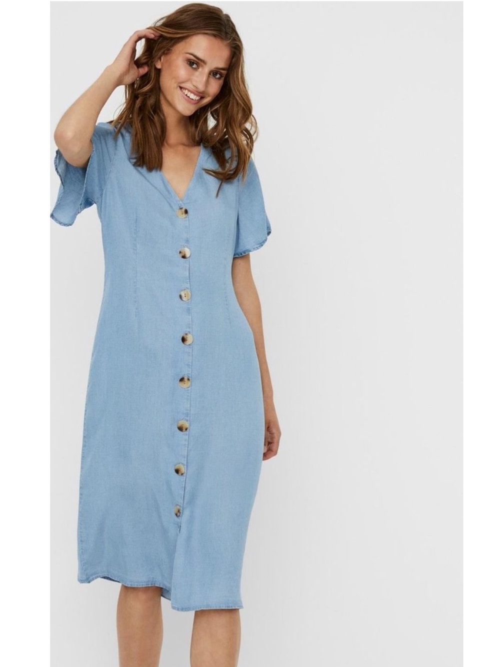 Vero Moda Viviana Light Blue Chambray Denim Midi Dress Lyocell Tencel Large NWT
